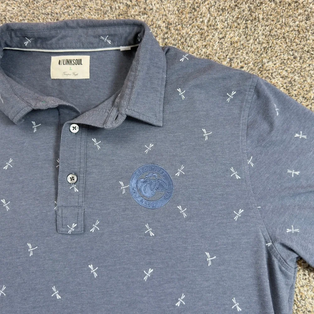 Linksoul‎ Mens Dragonfly Print Golf Polo Blue Short Sleeve Large Casual Stretch